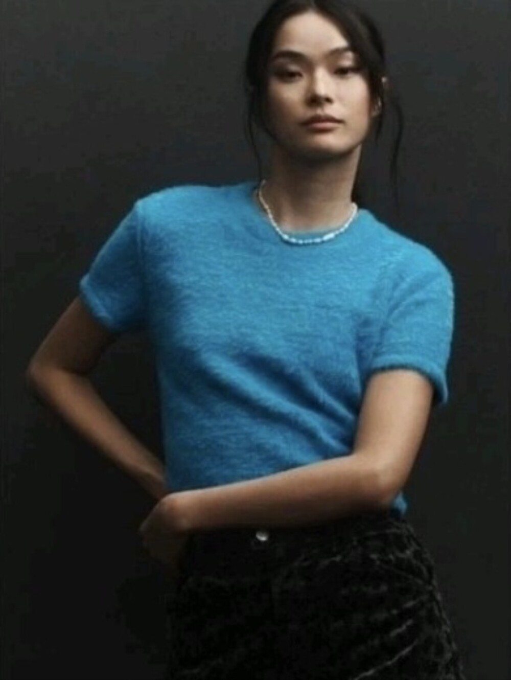 Anthropologie Y2K Baby Tee Fuzzy Short Sleeve Knit Blue Crop Sweater Size Medium